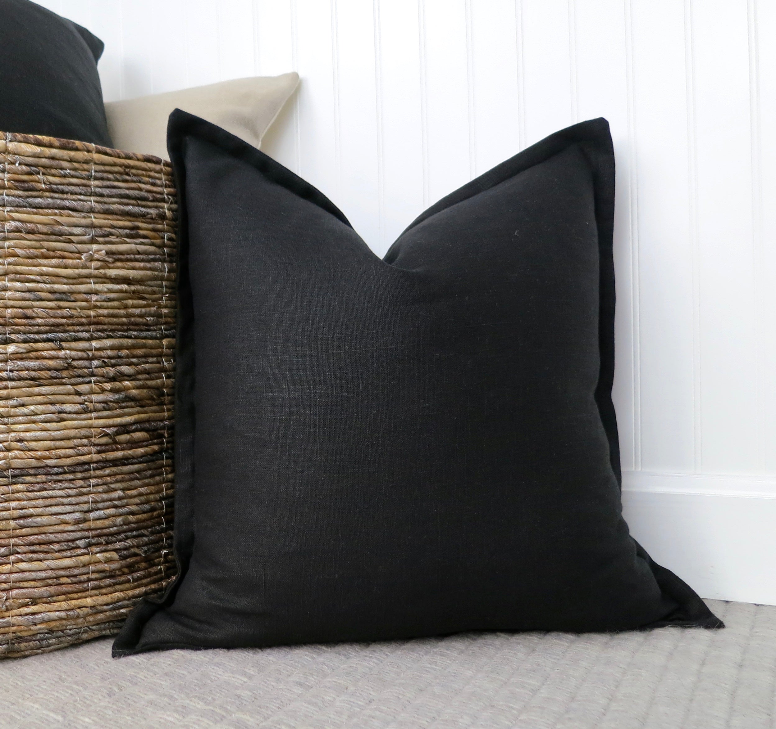 Black Linen Throw Pillow Cover with Flange Edge Bonne Terre Studio