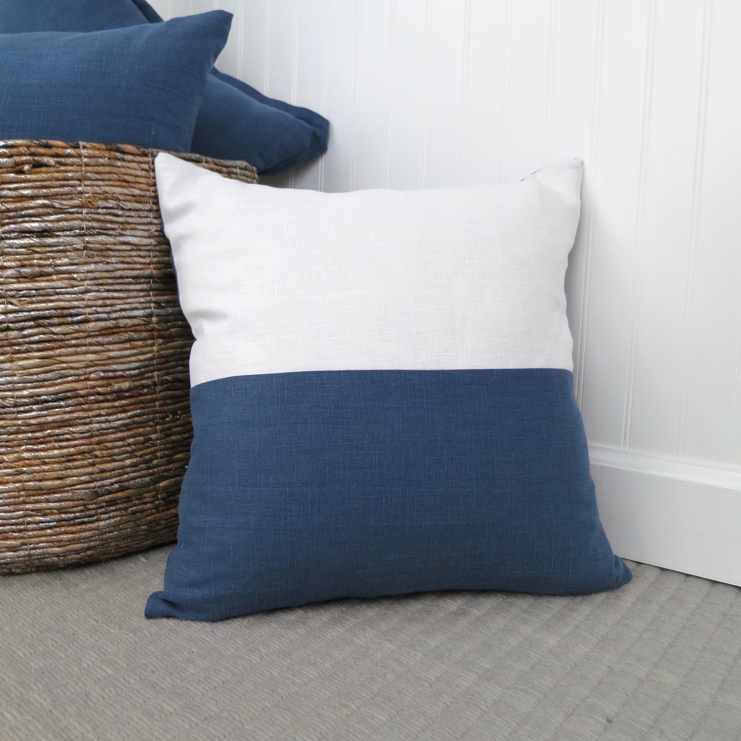 Color Block Linen Pillow Cover | Navy Blue and White Linen