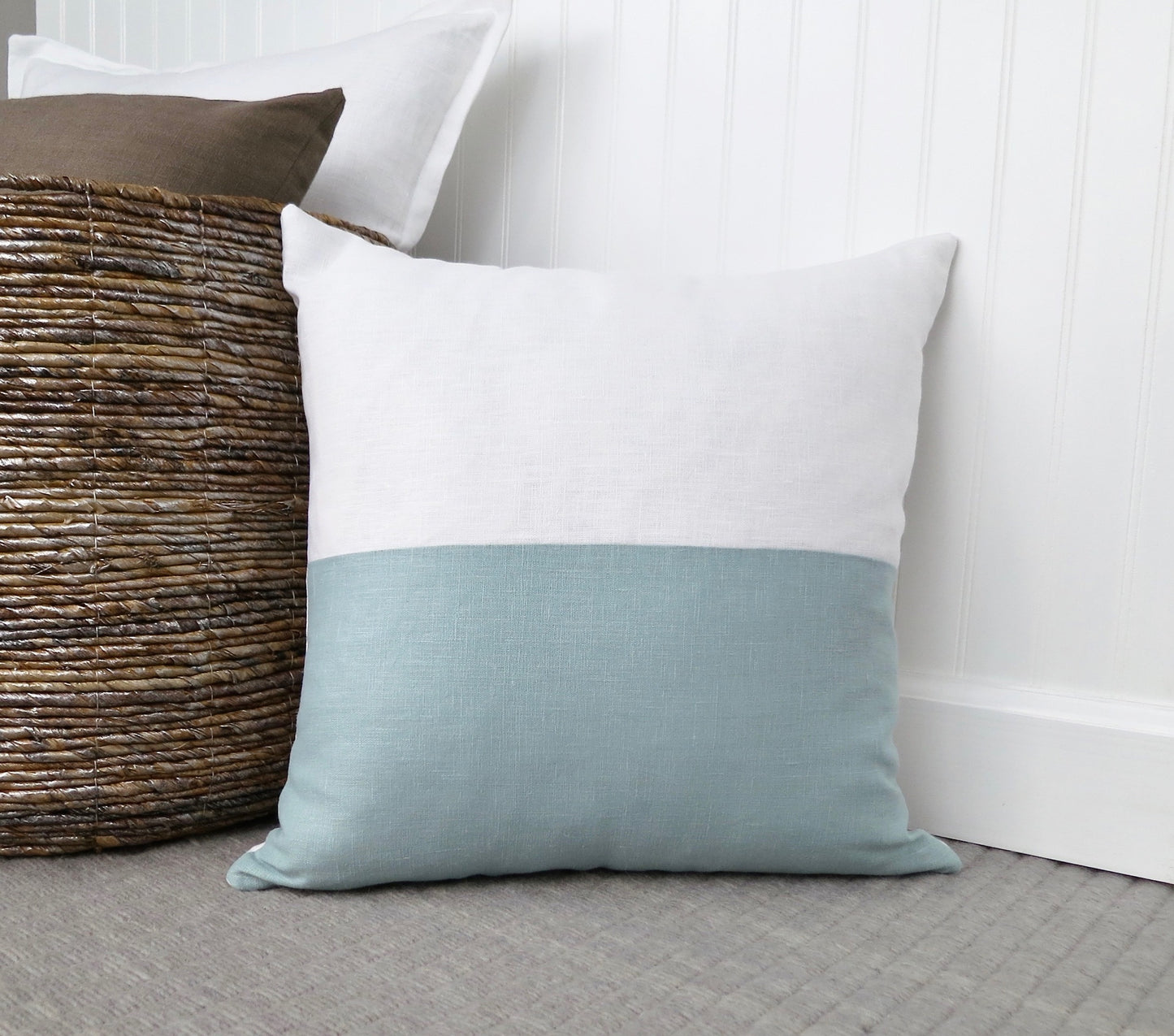 Color Block Linen Pillow Cover | Spa Blue and White Linen