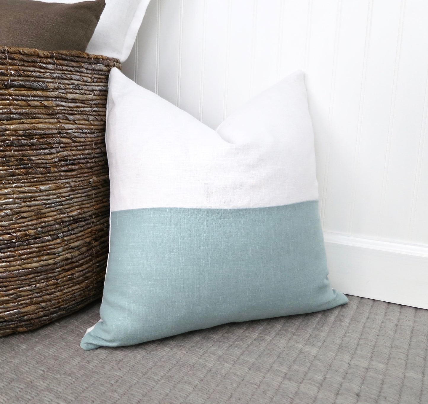 Color Block Linen Pillow Cover | Spa Blue and White Linen