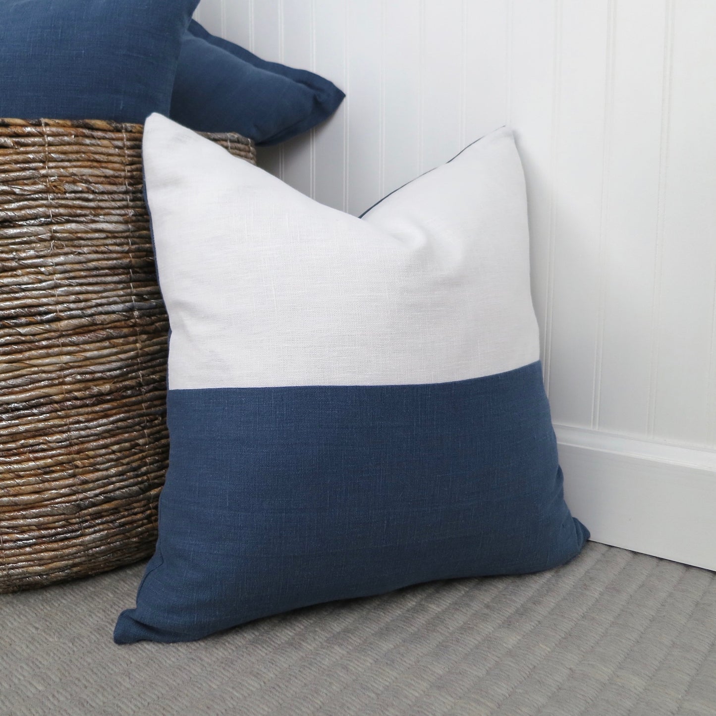 Color Block Linen Pillow Cover | Navy Blue and White Linen