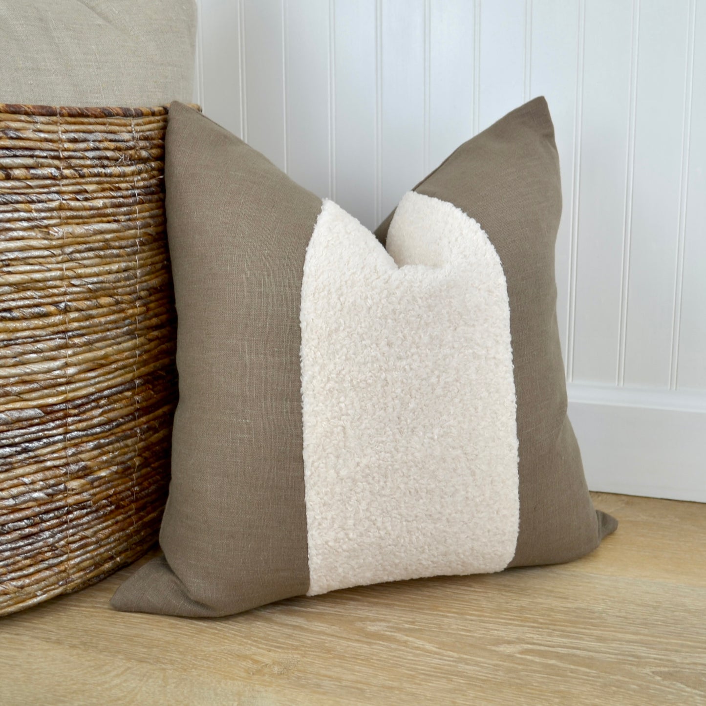 Aspen Throw Pillow Cover in Farmhouse Brown Linen & Ivory Boucle