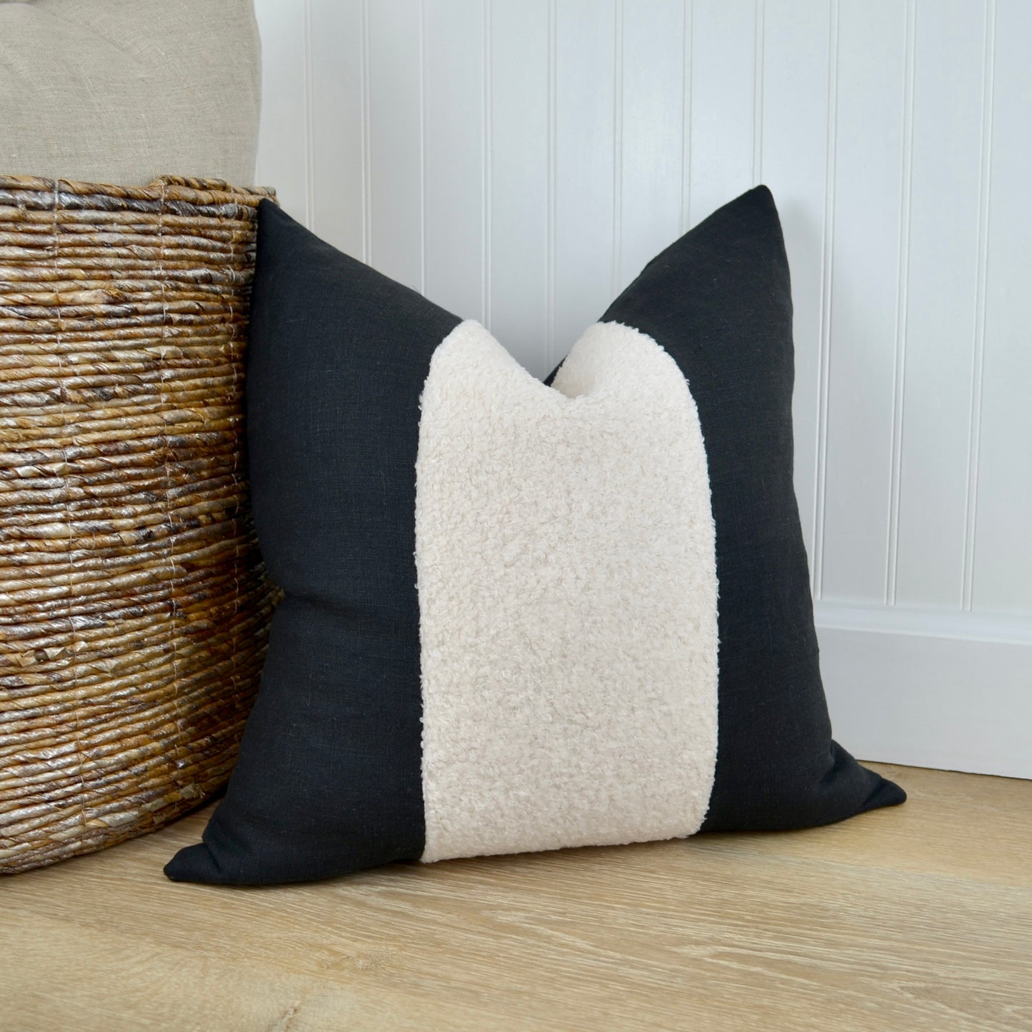 Aspen Throw Pillow Cover in Black Linen & Ivory Boucle