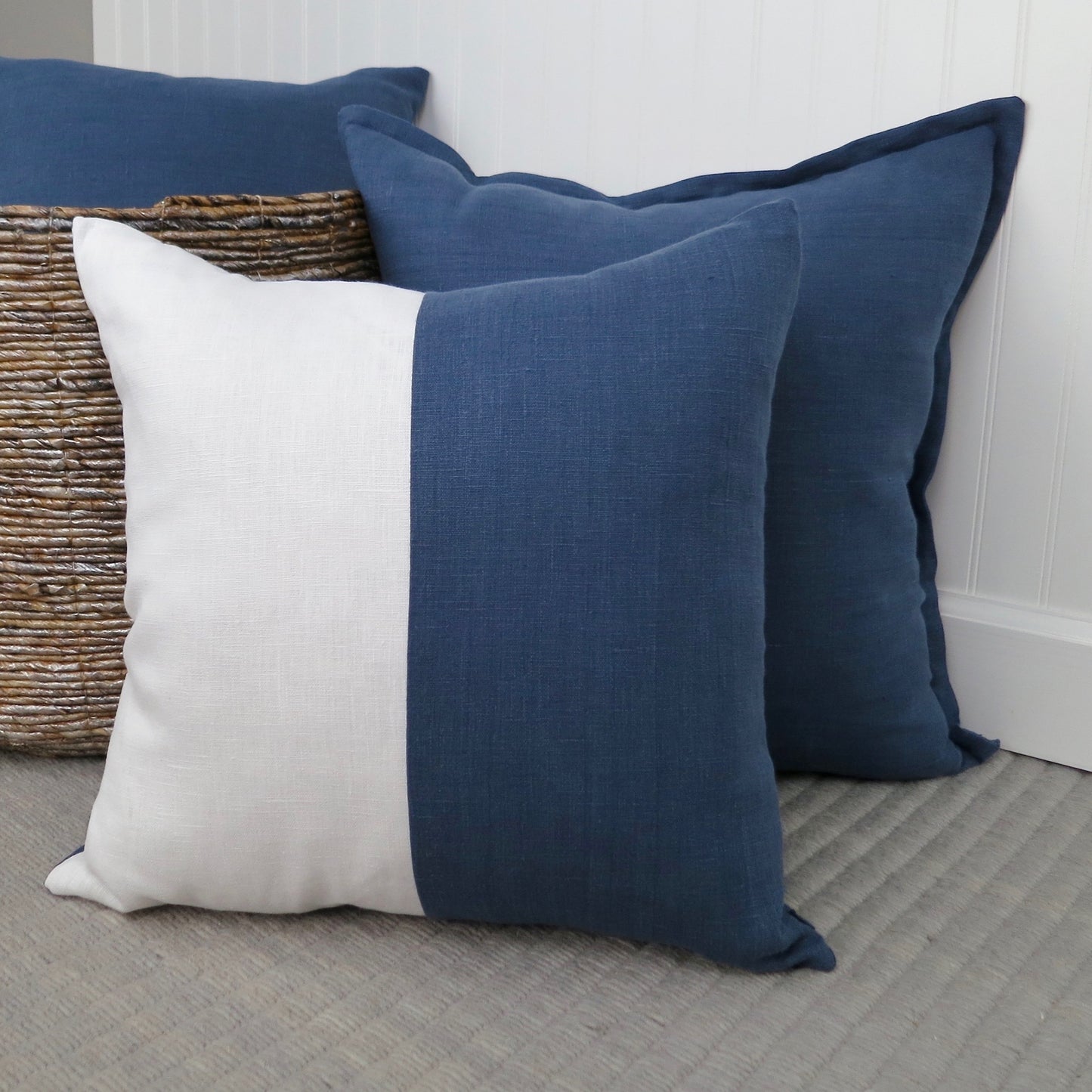 Color Block Linen Pillow Cover | Navy Blue and White Linen