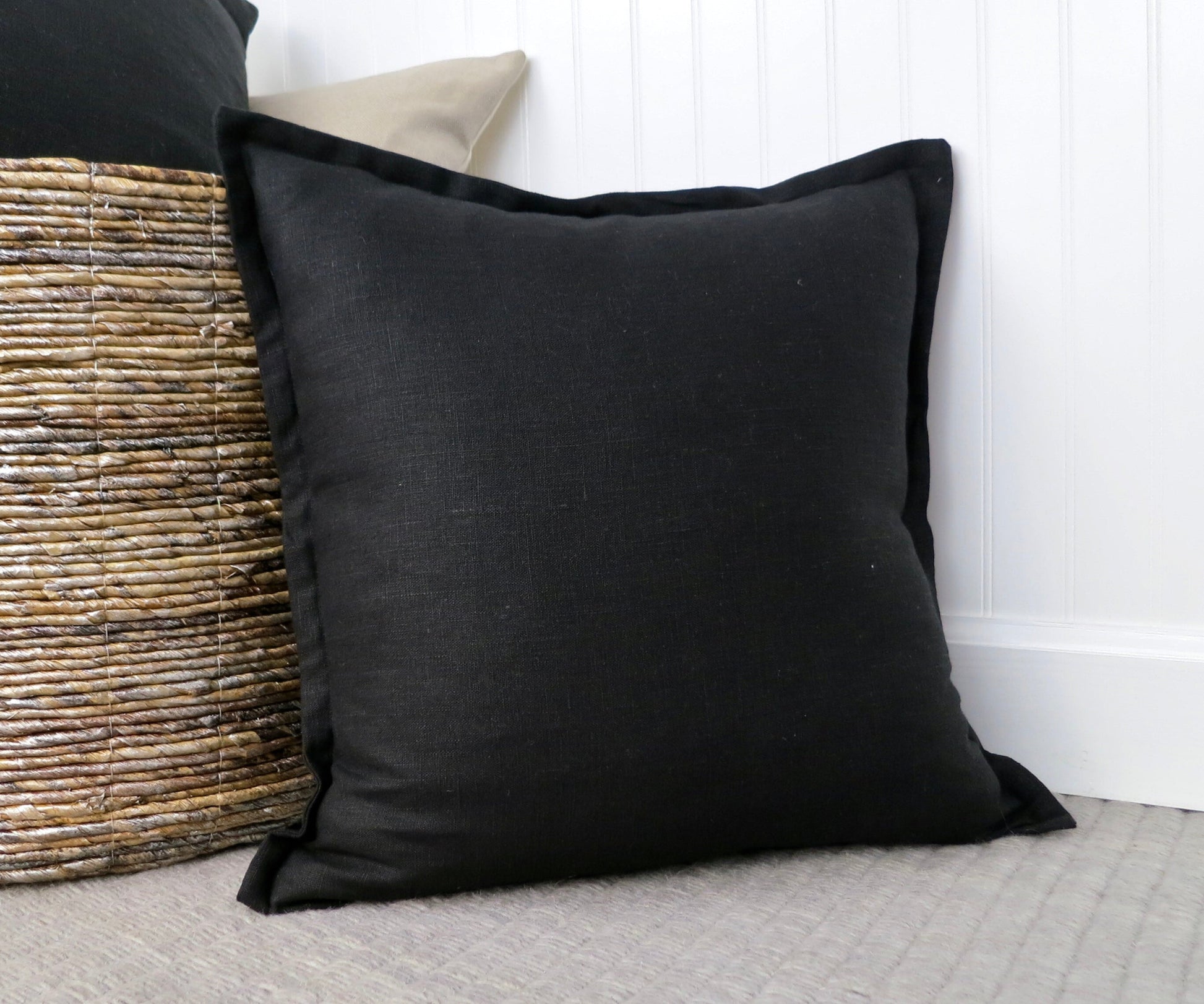 Black Linen Pillow Cover with Flange Edge - Throw Pillows