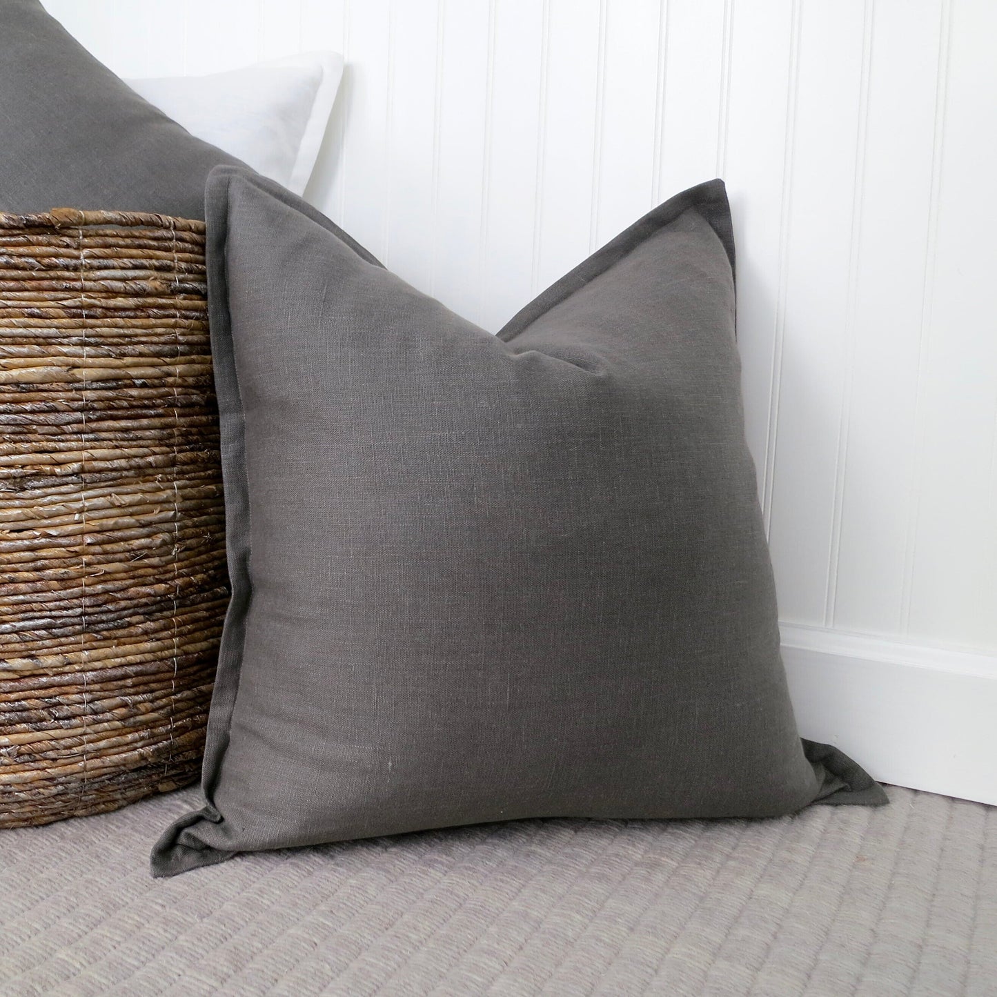 Dark Gray Linen Pillow Cover with Flange Edge - Throw