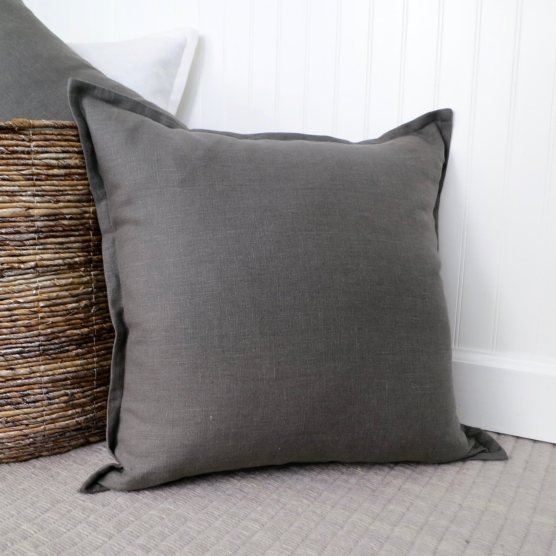 Dark Gray Linen Pillow Cover with Flange Edge - Throw