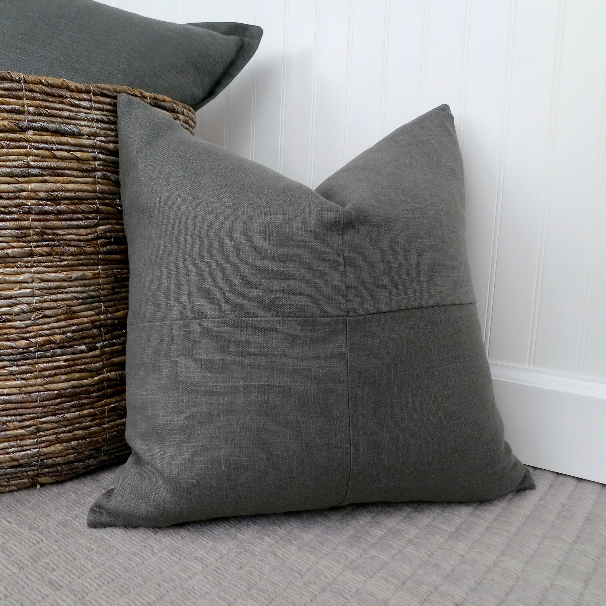 Dark Gray Linen Pillow Cover with Modern Block Pattern -