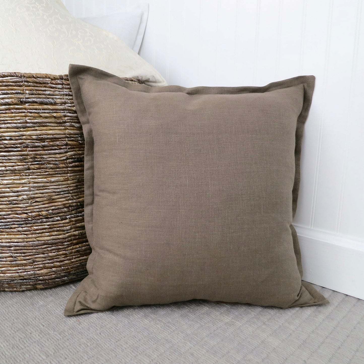 Farmhouse Brown Linen Pillow Cover with Flange Edge - Throw