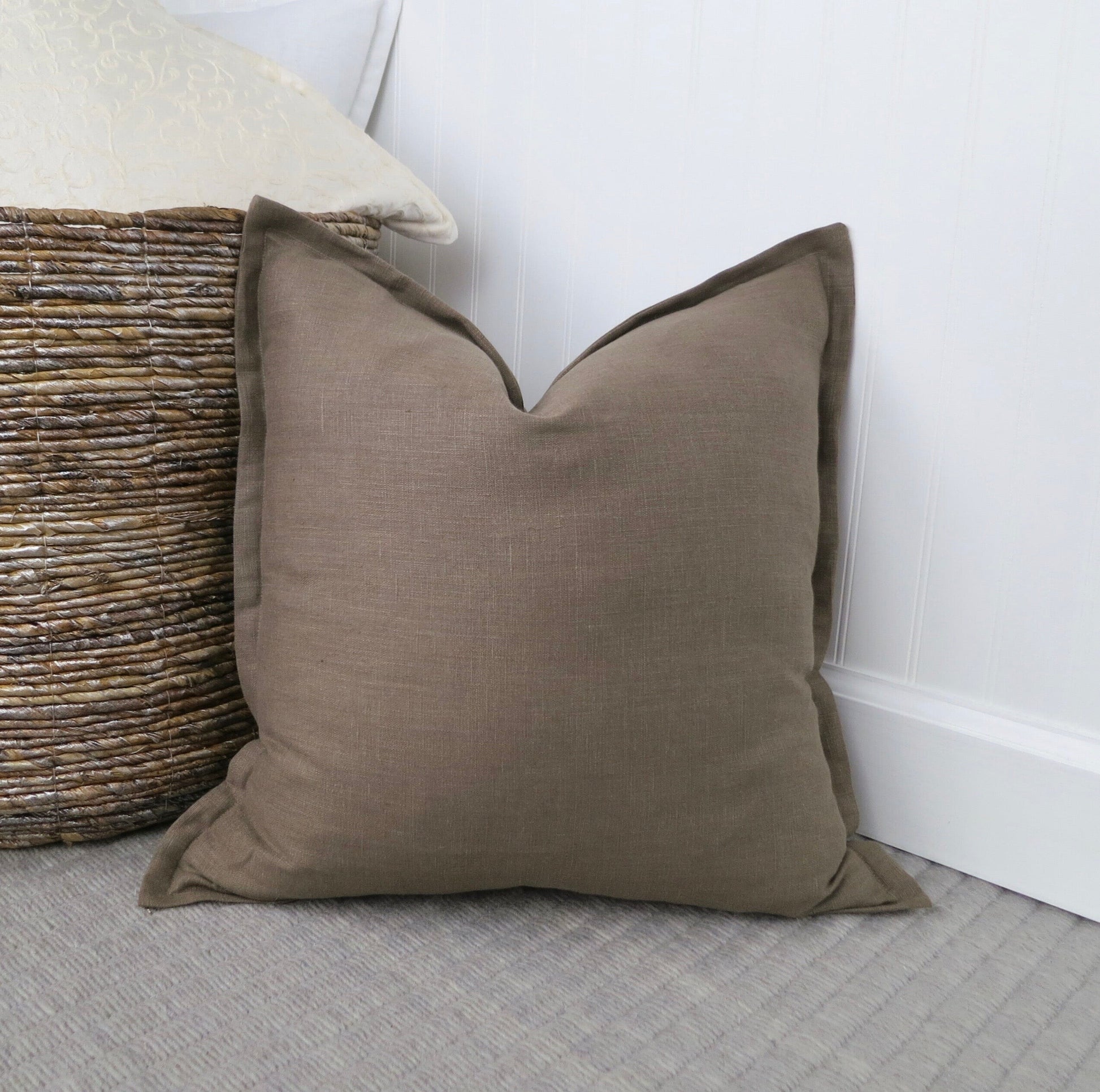 Farmhouse Brown Linen Pillow Cover with Flange Edge - Throw