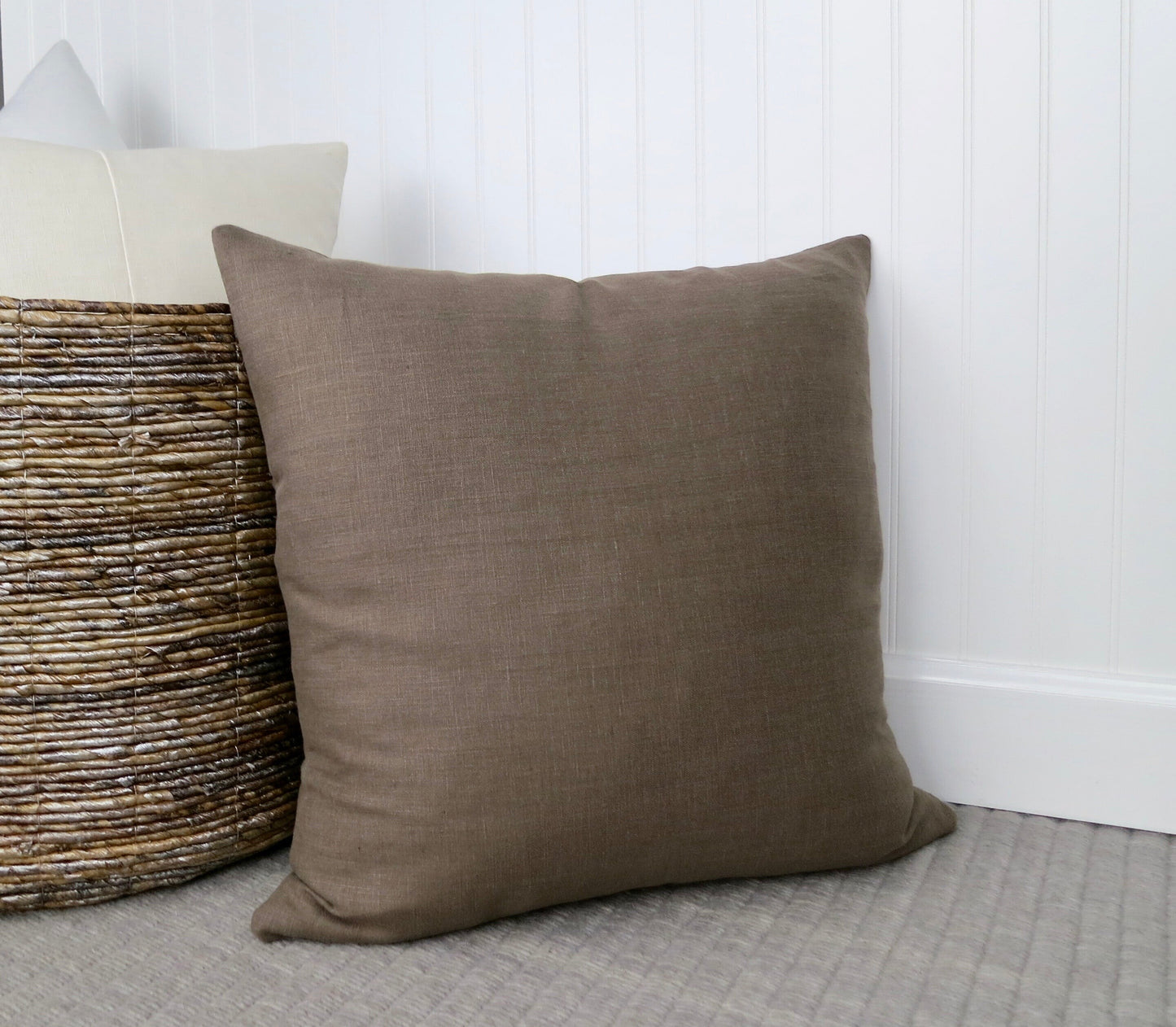 Farmhouse Brown Linen Pillow Cover with Modern Block