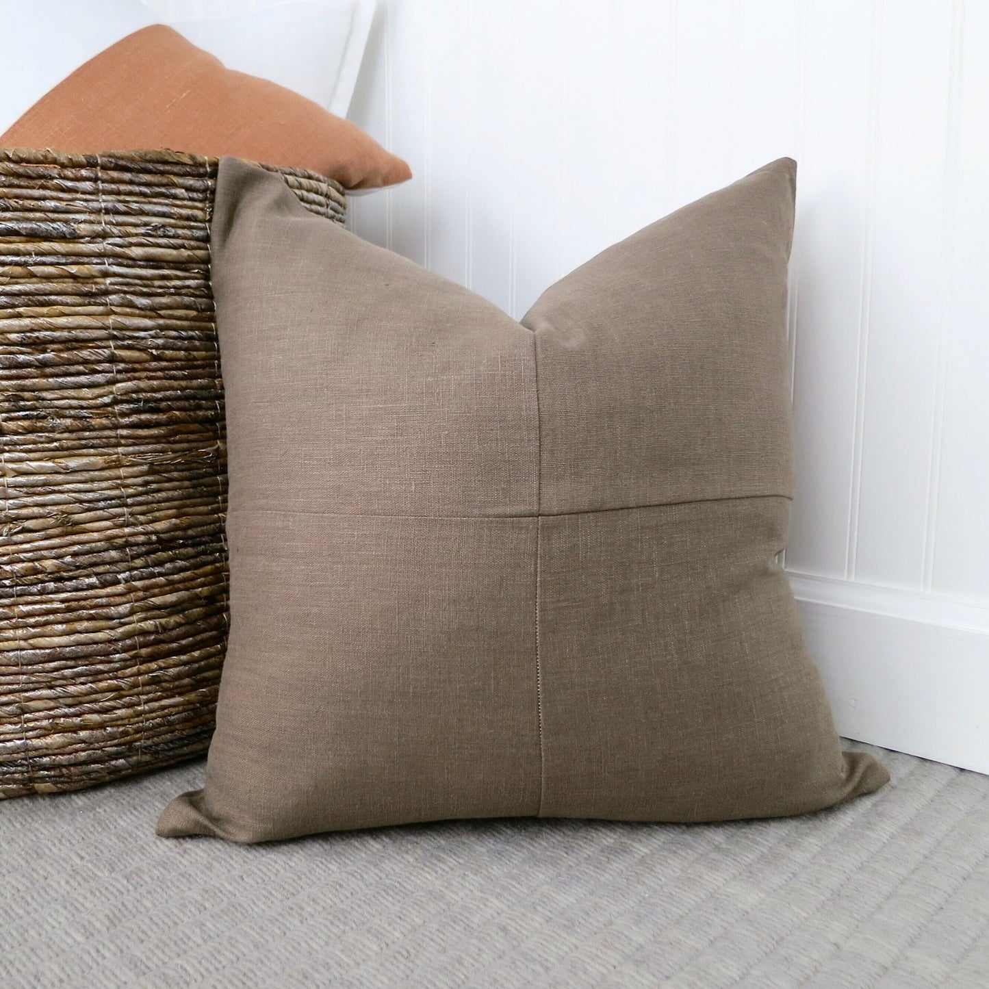 Farmhouse Brown Linen Pillow Cover with Modern Block