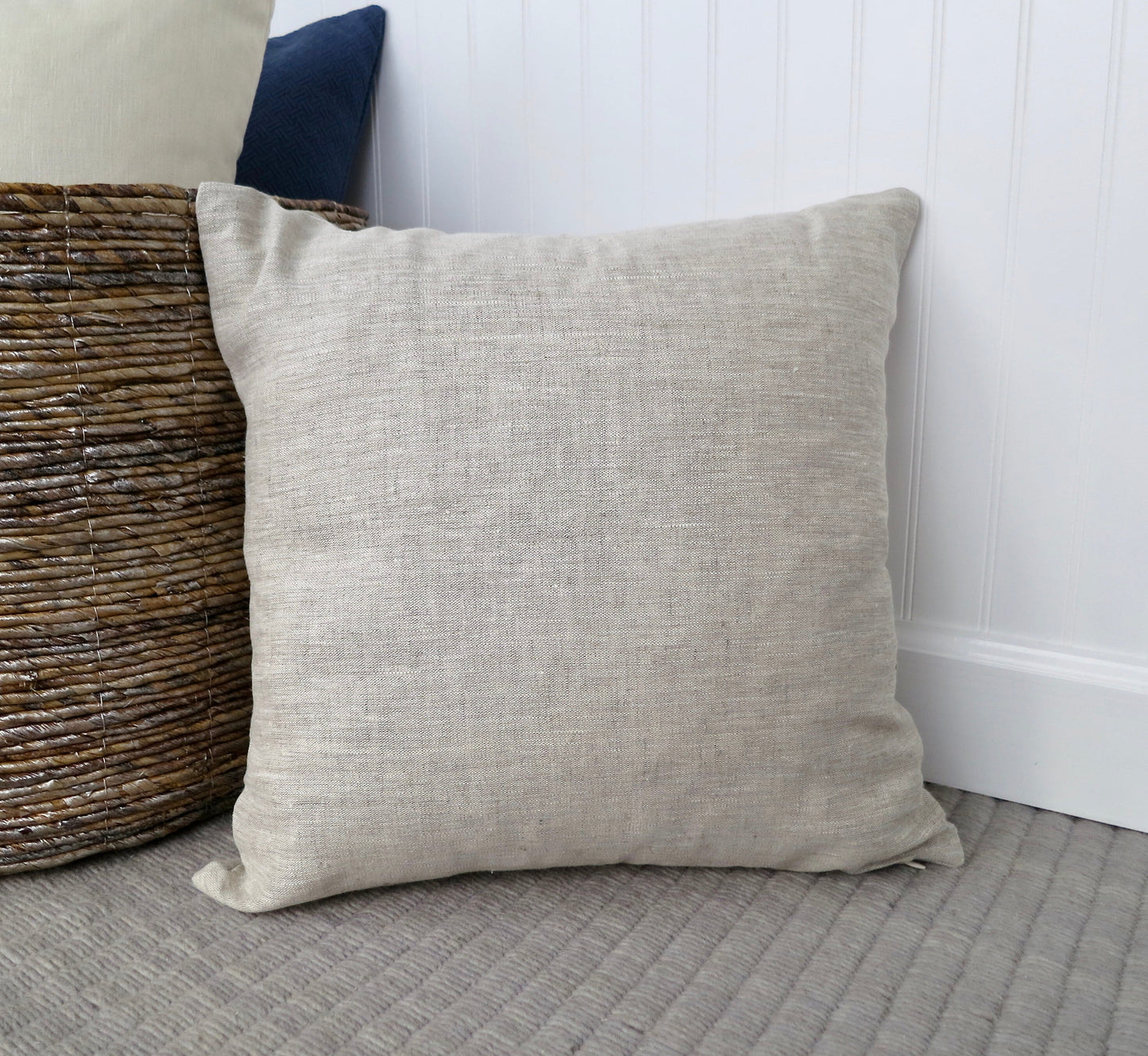 Heathered Natural Linen Pillow Cover with Modern Block