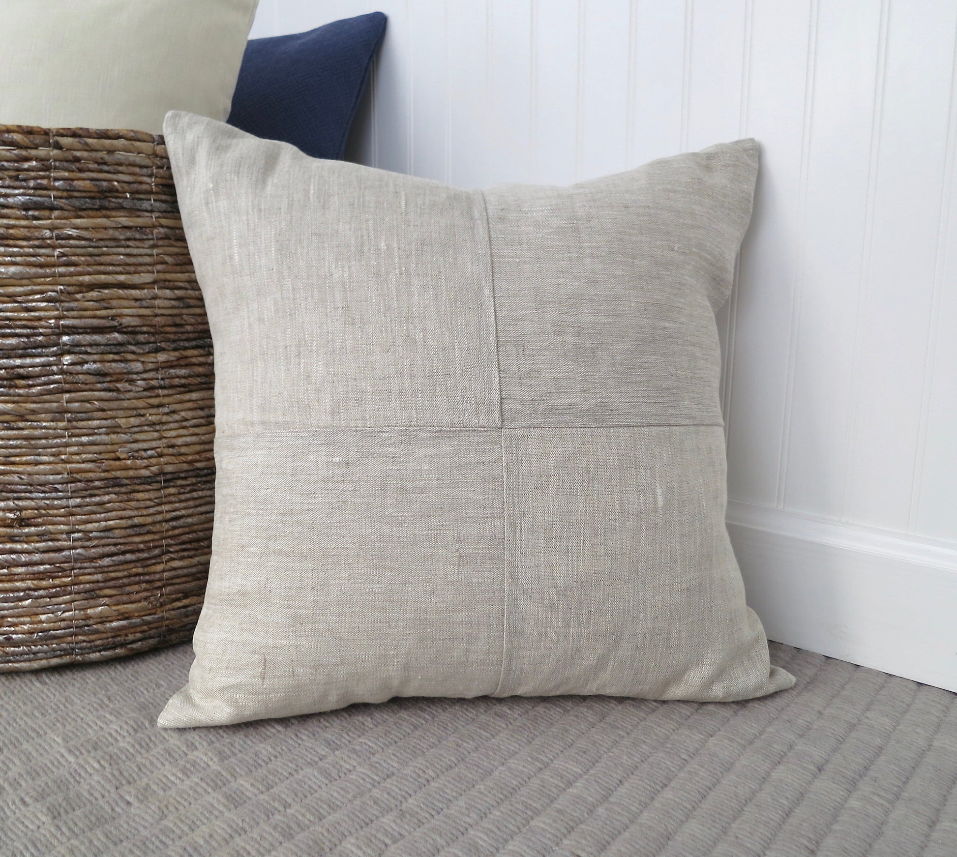 Heathered Natural Linen Pillow Cover with Modern Block