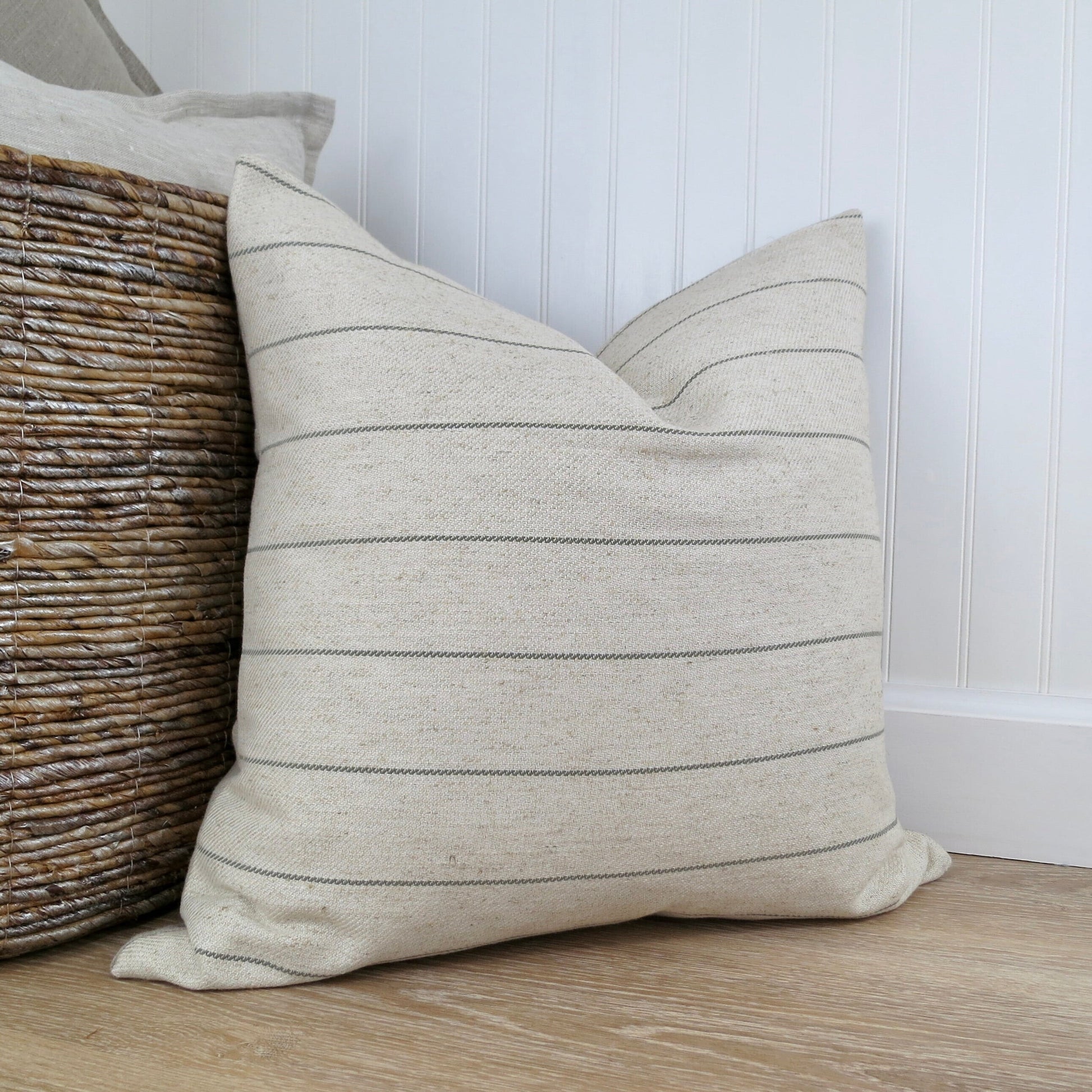 Natural Linen and Green Stripe Pillow Cover - Throw Pillows