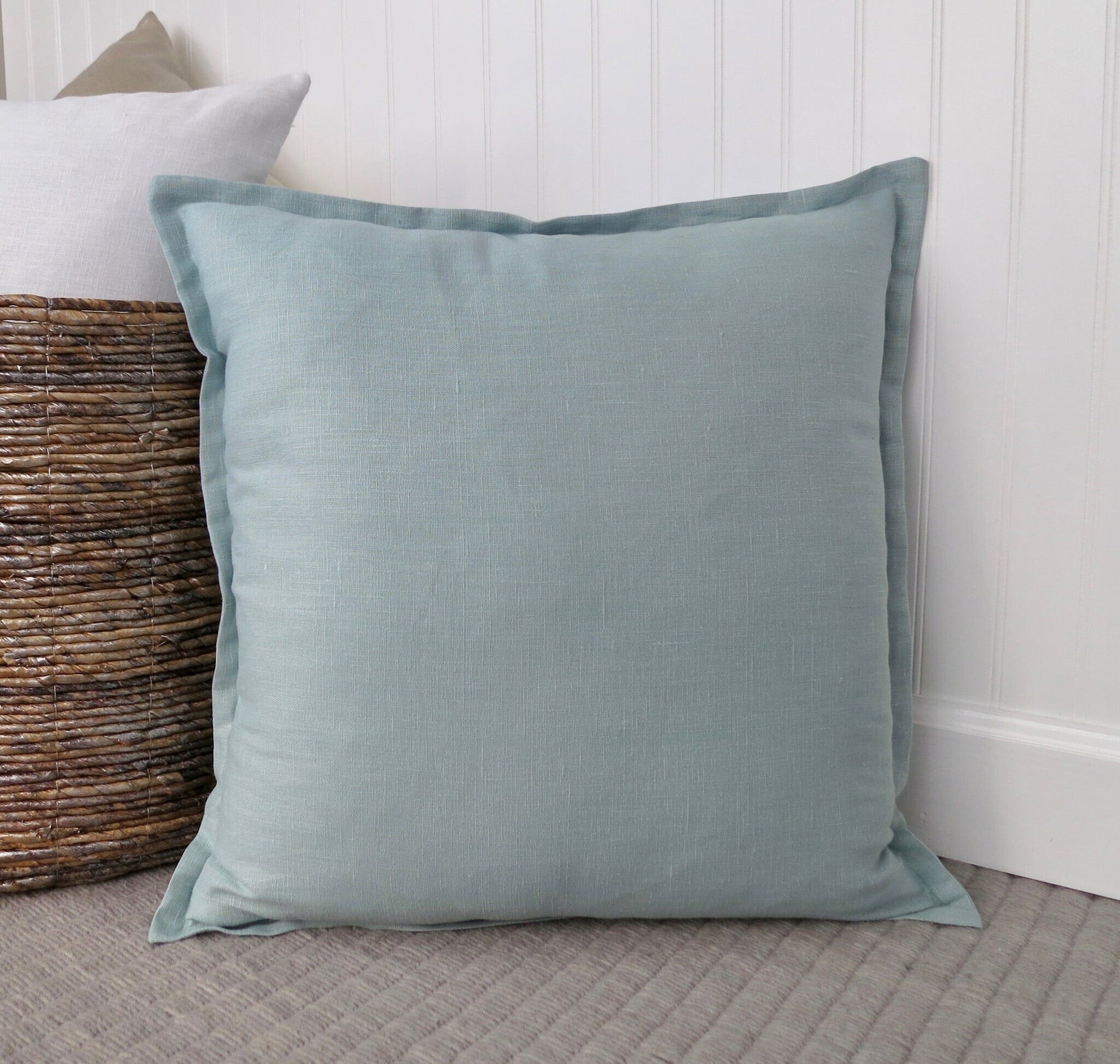 Spa Blue Linen Pillow Cover with Flange Edge - Throw Pillows