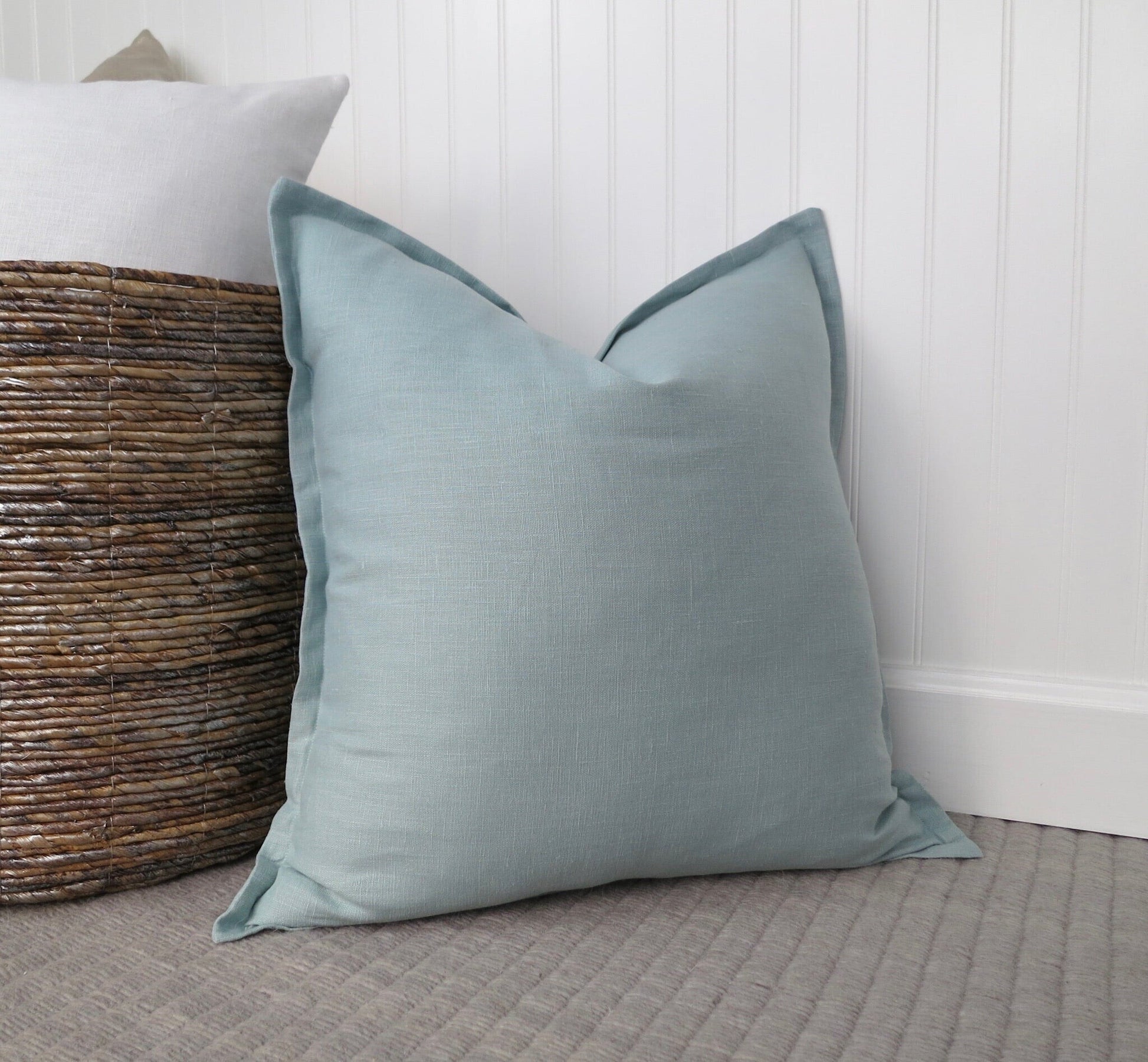 Spa Blue Linen Pillow Cover with Flange Edge - Throw Pillows