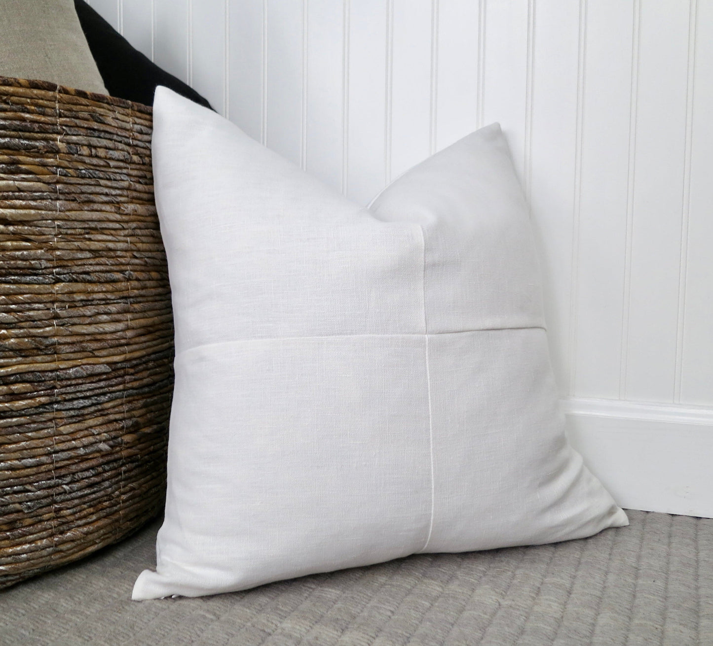 White Linen Pillow Cover with Modern Block Pattern - Decor