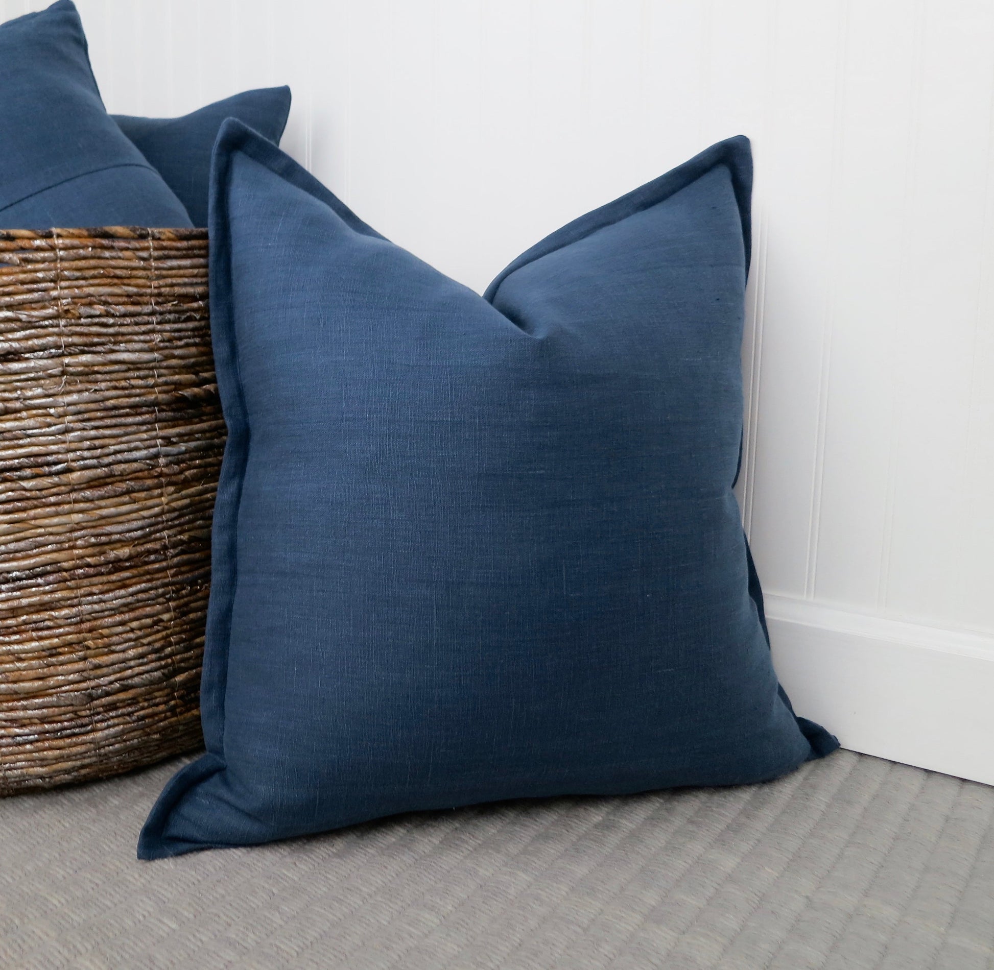 Navy Blue Linen Pillow Cover with Flange Edge - Throw