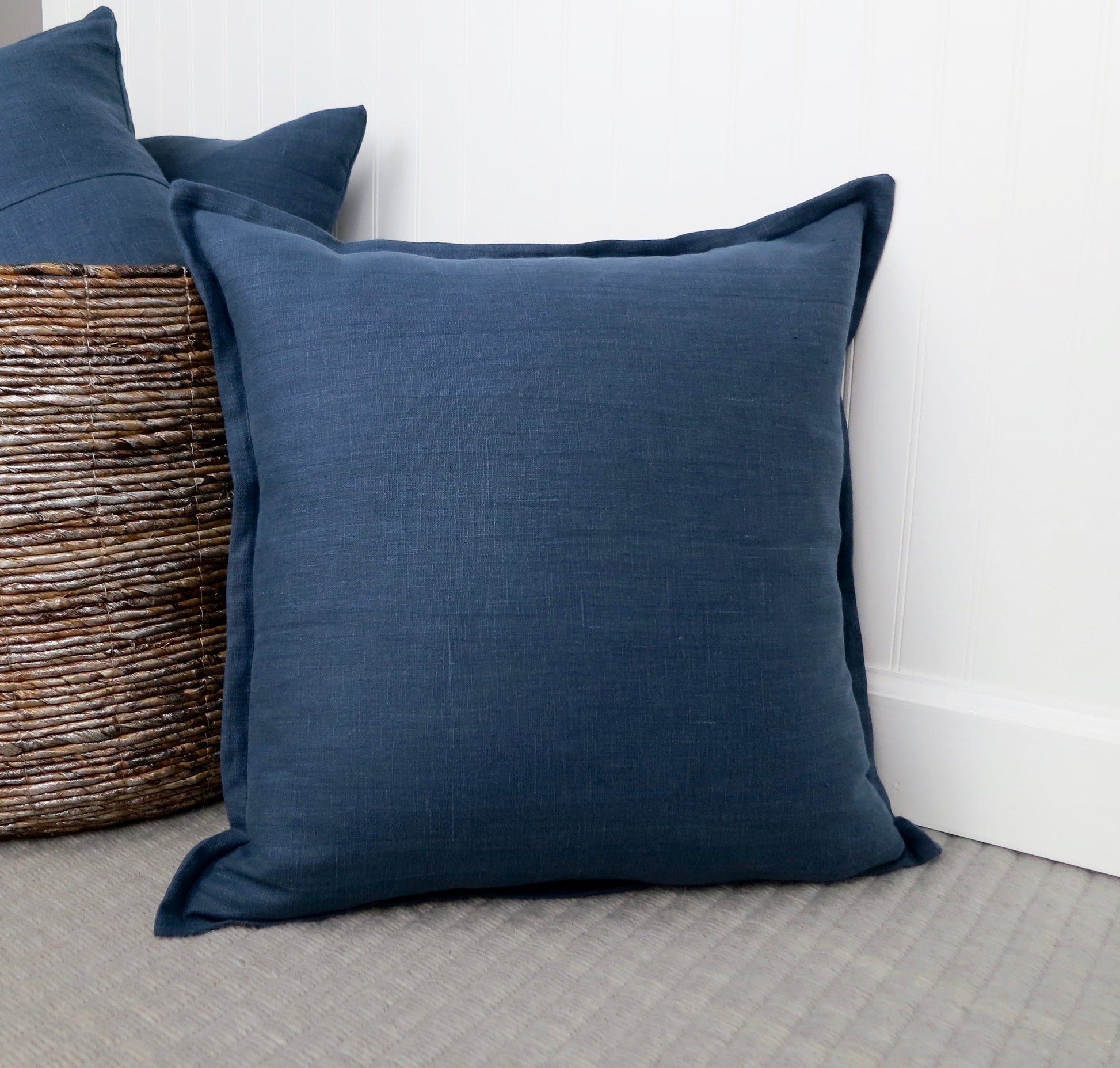 Navy Blue Linen Pillow Cover with Flange Edge - Throw